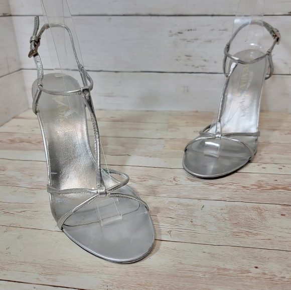 Prada strappy silver sandals with rhinestone encrusted heel - Picture 12 of 16